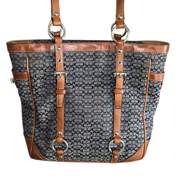 COACH Gallery Navy Blue Signature Logo Tan Leather Shoulder Tote Bag F11526 - Picture 6 of 16